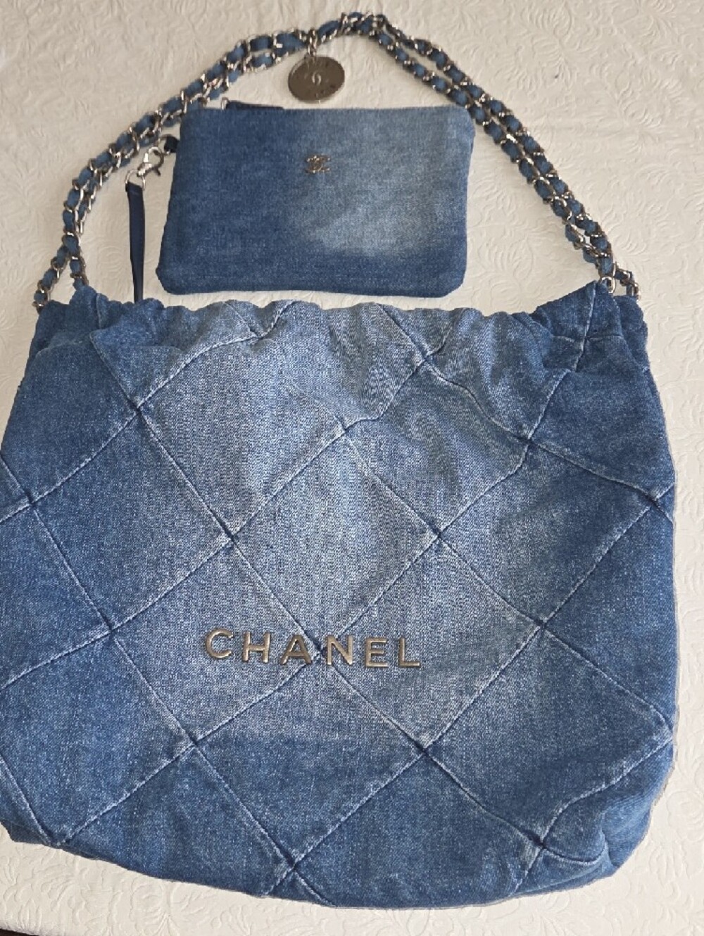 NWOT Quilted Denim Tote in Blue with Chain Strap - Picture 7 of 11
